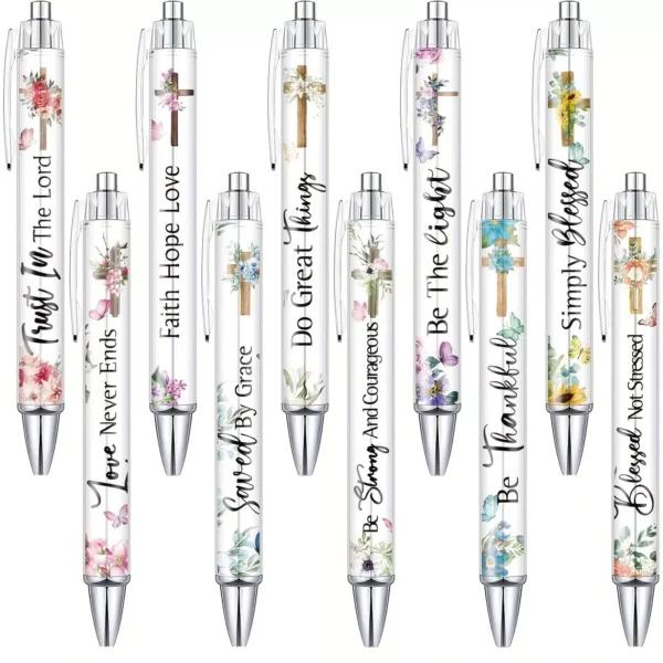 10 Black Ink Cross Bible Verse Flower Butterfly Retractable Ballpoint Pens