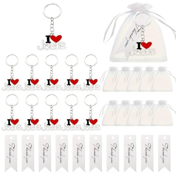10 I Heart Jesus Keyrings With Bags & Thank You Notes