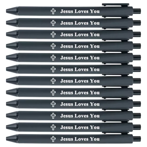 12 Black Ink Jesus Loves You Cross Retractable Plastic Ballpoint Pens
