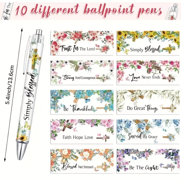 10 Black Ink Cross Bible Verse Flower Butterfly Retractable Ballpoint Pens - Image 2