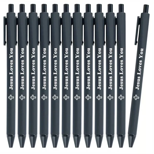 12 Black Ink Jesus Loves You Cross Retractable Plastic Ballpoint Pens - Image 2