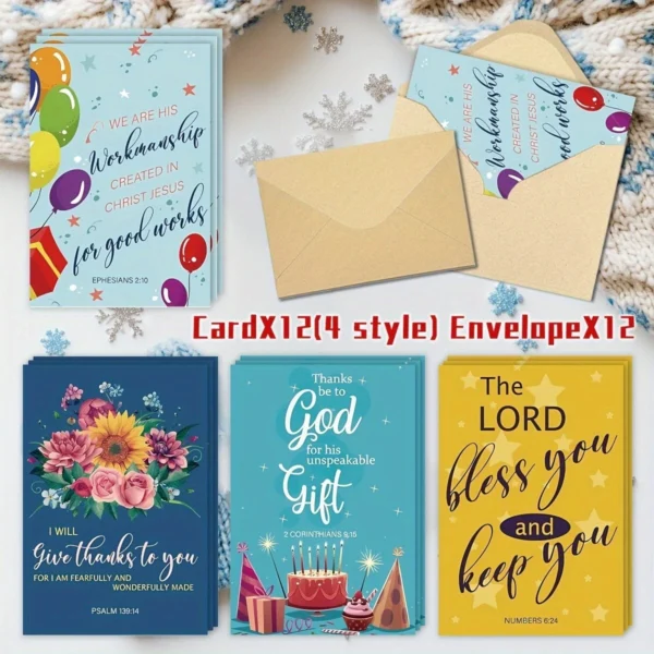 12 Pack Bible Verse Cards With Envelopes Birthdays, Anniversary 8.8cm x 12.7cm - Image 2
