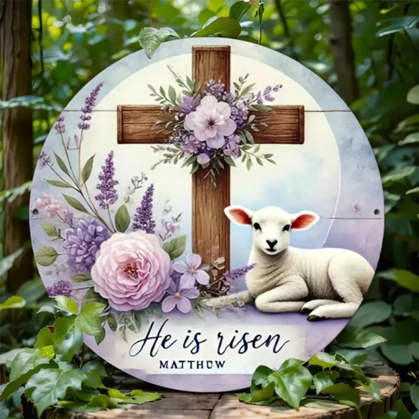 He is Risen Matthew Cross Flowers Lamb Metal Wall Hanging Sign 20cm x 20cm