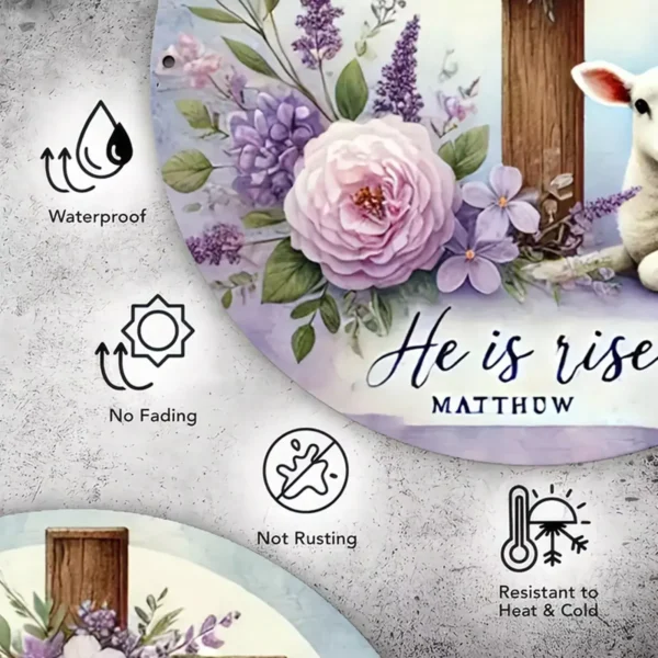 He is Risen Matthew Cross Flowers Lamb Metal Wall Hanging Sign 20cm x 20cm - Image 3
