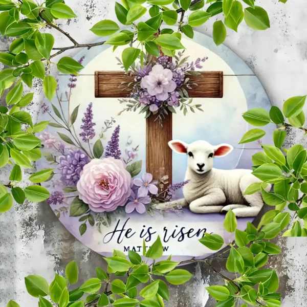 He is Risen Matthew Cross Flowers Lamb Metal Wall Hanging Sign 20cm x 20cm - Image 4