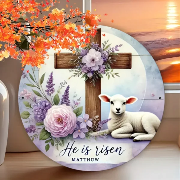 He is Risen Matthew Cross Flowers Lamb Metal Wall Hanging Sign 20cm x 20cm - Image 5