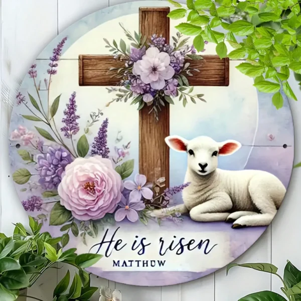 He is Risen Matthew Cross Flowers Lamb Metal Wall Hanging Sign 20cm x 20cm - Image 6