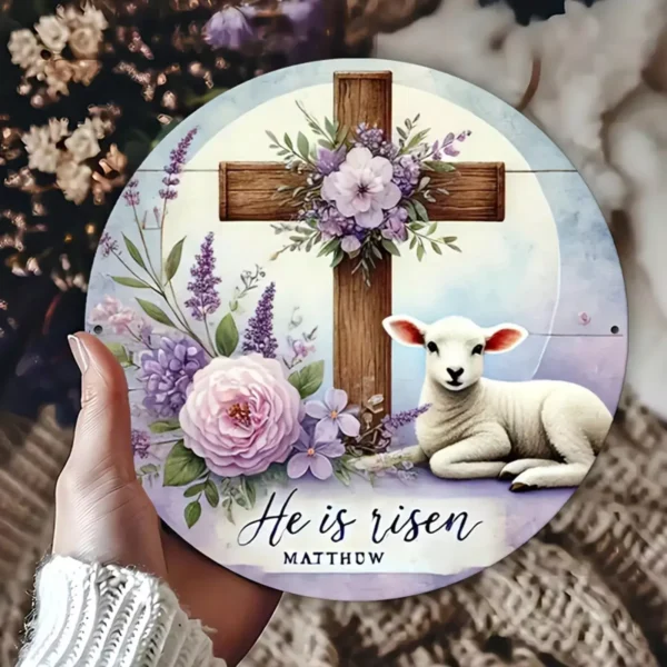 He is Risen Matthew Cross Flowers Lamb Metal Wall Hanging Sign 20cm x 20cm - Image 8